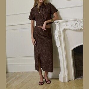 Brown Textured Knot Button Collared Crop Top & Maxi Skirt Set